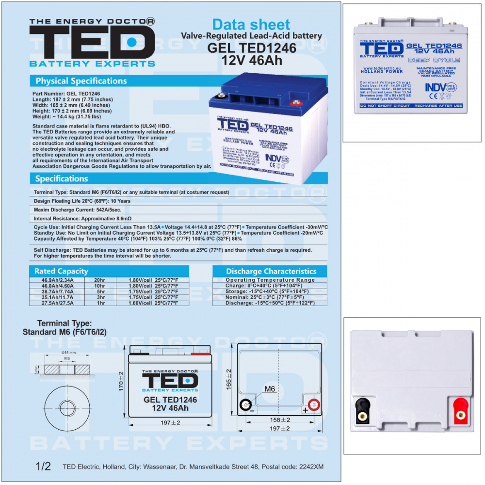 Baterie Reincarcabila M6 12V Stationara VRLA 46Ah GEL Deep Cycle, Dimensiuni 197x166x171 mm, TED Electric TED1246, pentru sisteme UPS, energie regenerabila, echipamente medicale si industriale [5]