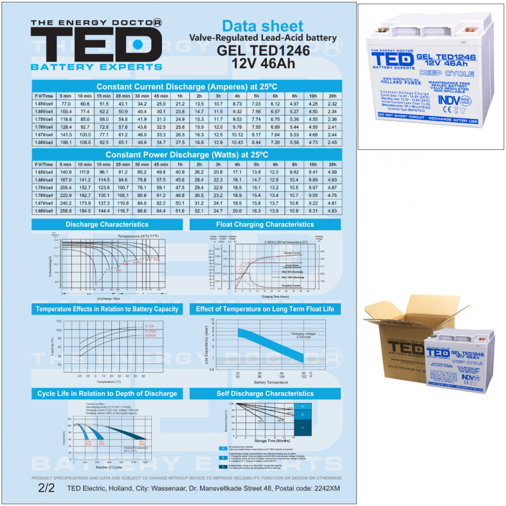 Baterie Reincarcabila M6 12V Stationara VRLA 46Ah GEL Deep Cycle, Dimensiuni 197x166x171 mm, TED Electric TED1246, pentru sisteme UPS, energie regenerabila, echipamente medicale si industriale [6]