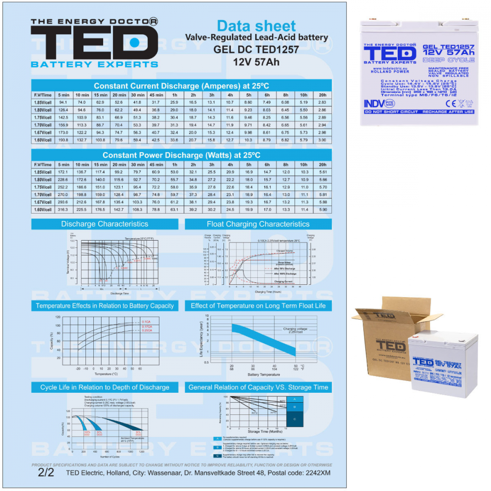 Baterie Reincarcabila M6 12V Stationara VRLA 57Ah GEL Deep Cycle, Dimensiuni 229x138x208 mm, TED Electric TED1257, pentru sisteme UPS, energie regenerabila, echipamente medicale si industriale [6]