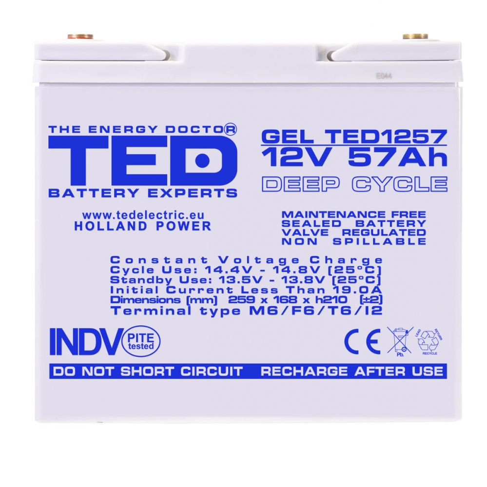 Baterie Reincarcabila M6 12V Stationara VRLA 57Ah GEL Deep Cycle, Dimensiuni 229x138x208 mm, TED Electric TED1257, pentru sisteme UPS, energie regenerabila, echipamente medicale si industriale [2]