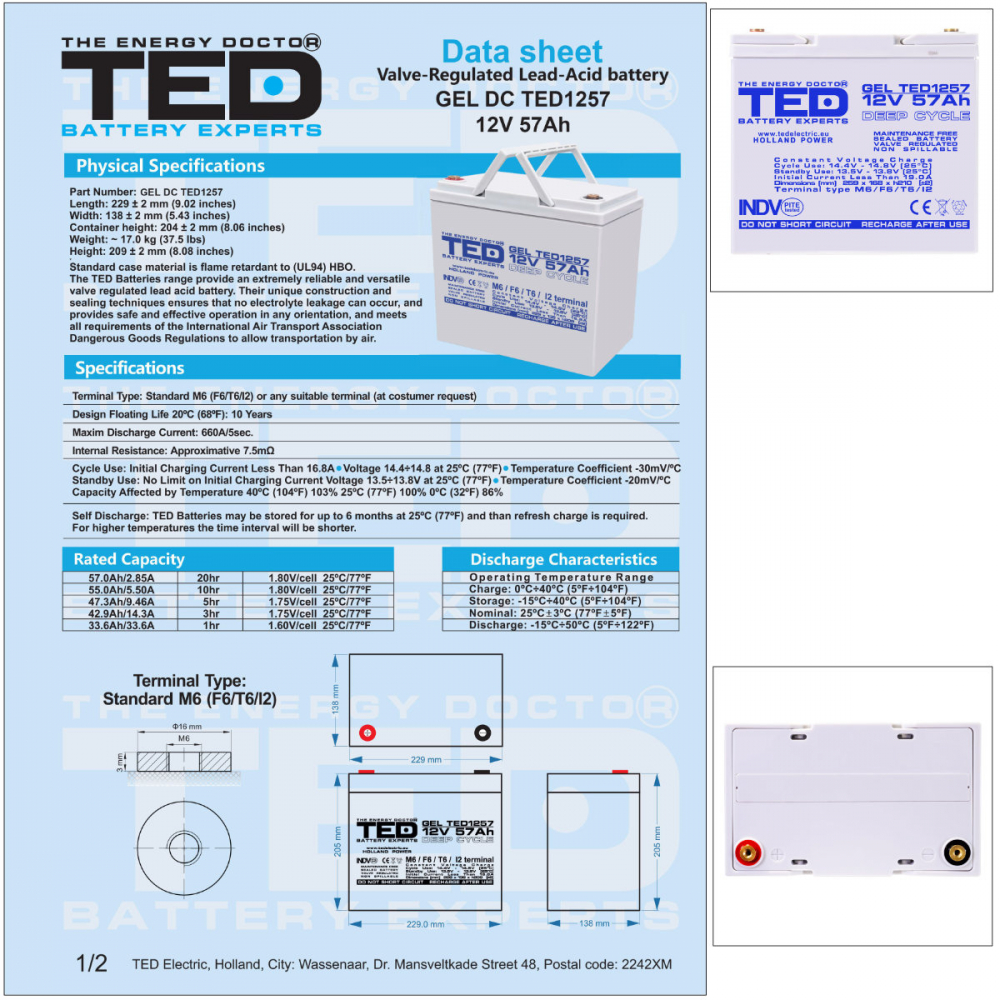 Baterie Reincarcabila M6 12V Stationara VRLA 57Ah GEL Deep Cycle, Dimensiuni 229x138x208 mm, TED Electric TED1257, pentru sisteme UPS, energie regenerabila, echipamente medicale si industriale [5]