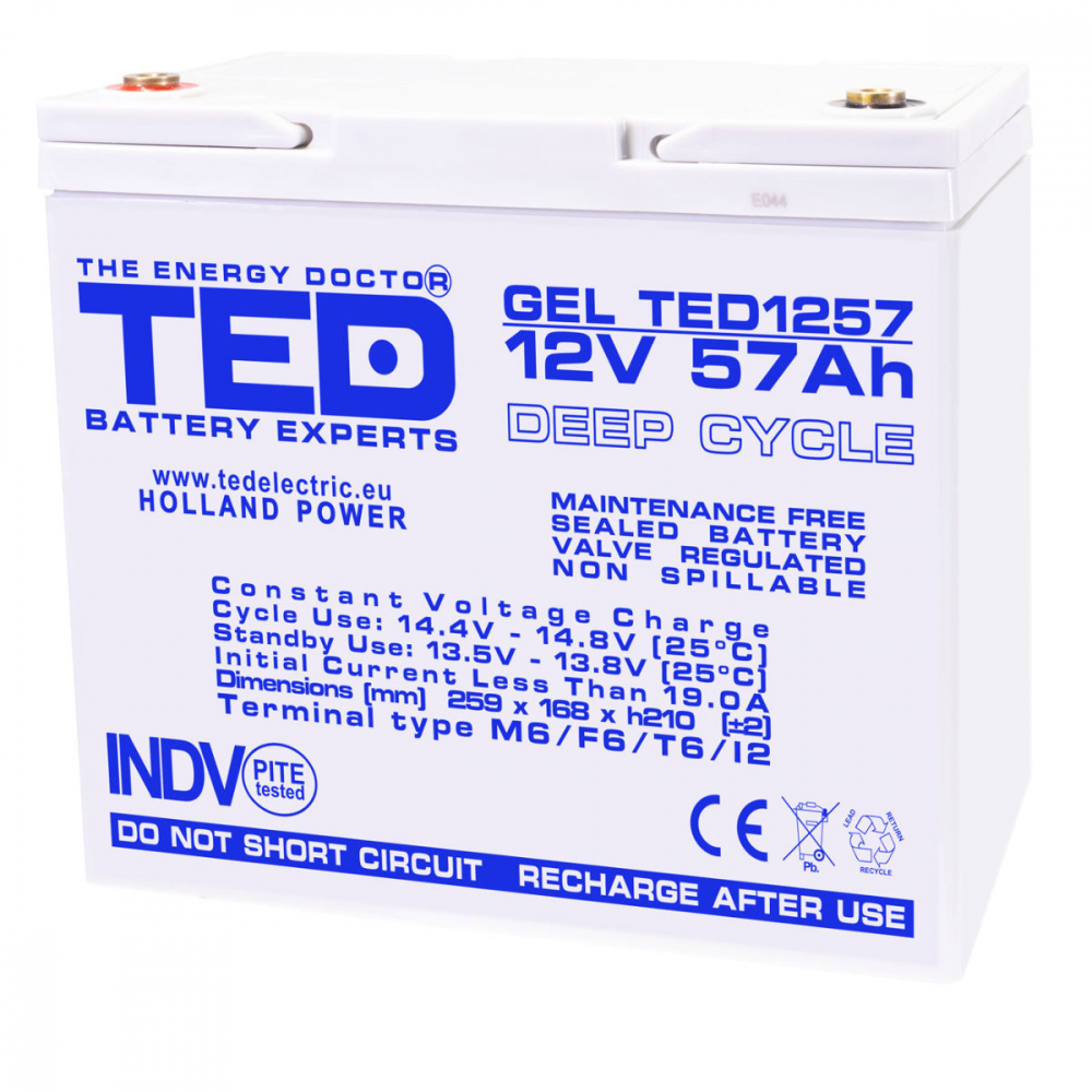 Baterie Reincarcabila M6 12V Stationara VRLA 57Ah GEL Deep Cycle, Dimensiuni 229x138x208 mm, TED Electric TED1257, pentru sisteme UPS, energie regenerabila, echipamente medicale si industriale [1]