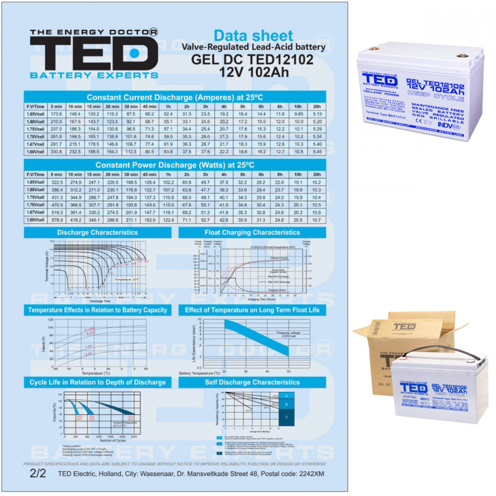 Baterie Reincarcabila M8 12V Stationara VRLA 102Ah GEL, Dimensiuni 331x173x213 mm, TED Electric TED12102, pentru sisteme solare, UPS, backup, echipamente medicale, industriale, telecomunicatii [6]