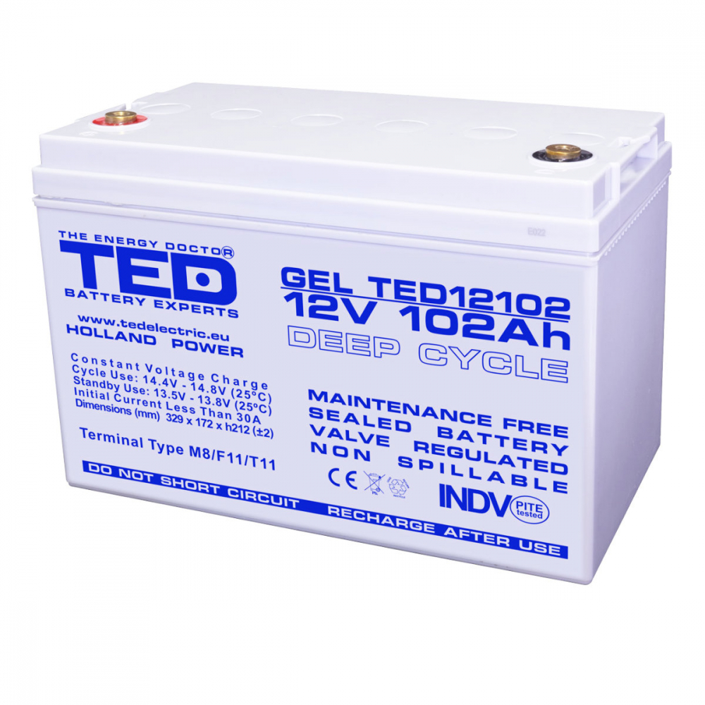 Baterie Reincarcabila M8 12V Stationara VRLA 102Ah GEL, Dimensiuni 331x173x213 mm, TED Electric TED12102, pentru sisteme solare, UPS, backup, echipamente medicale, industriale, telecomunicatii [1]
