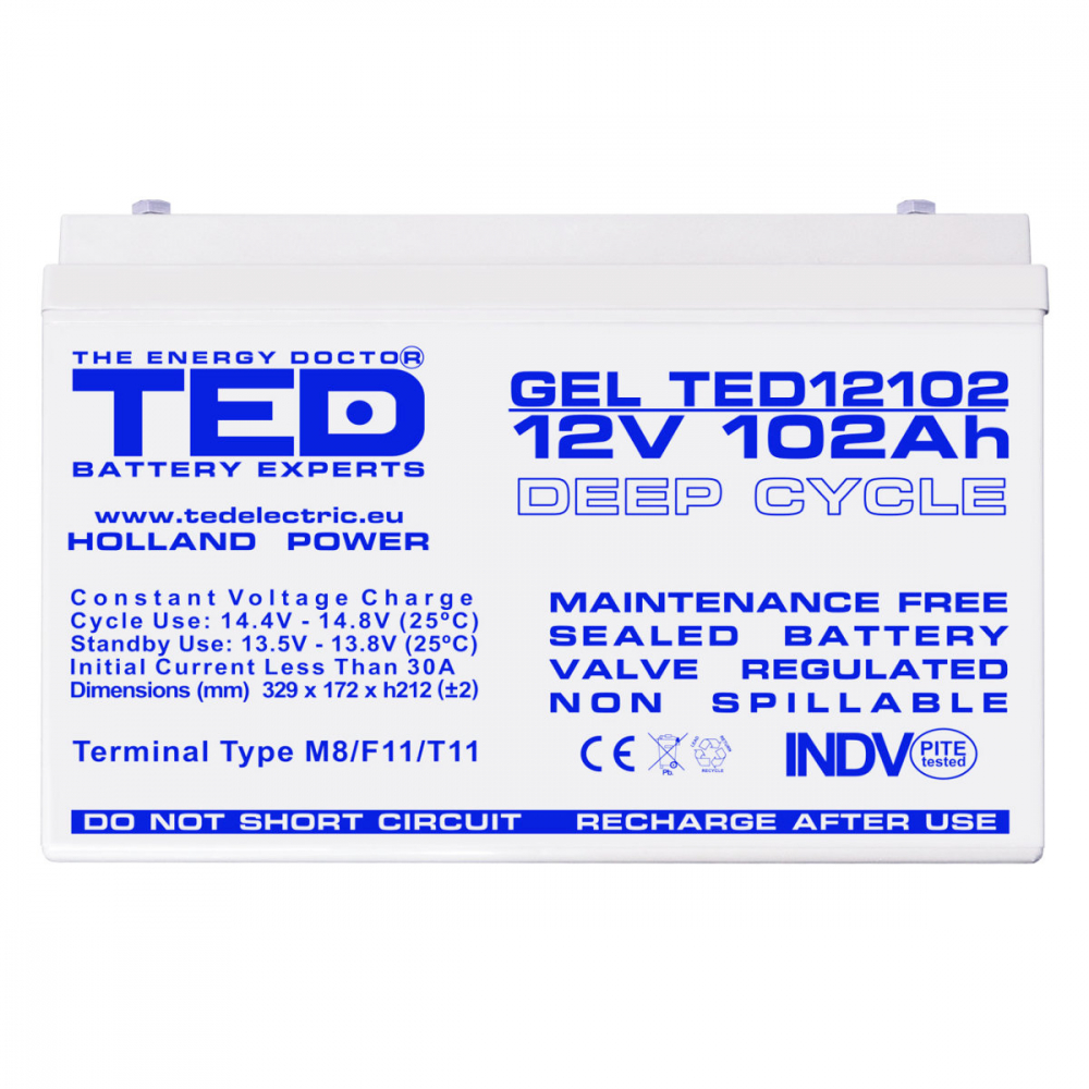 Baterie Reincarcabila M8 12V Stationara VRLA 102Ah GEL, Dimensiuni 331x173x213 mm, TED Electric TED12102, pentru sisteme solare, UPS, backup, echipamente medicale, industriale, telecomunicatii [2]