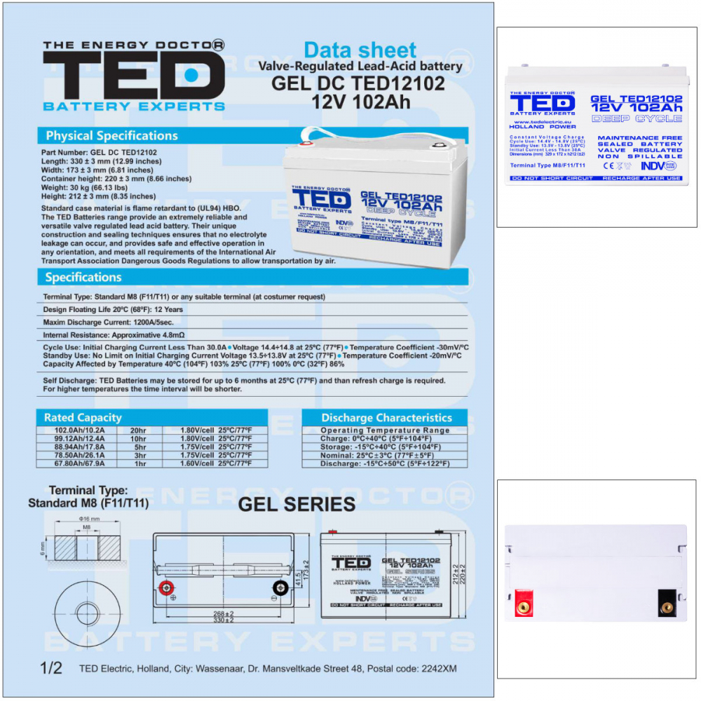 Baterie Reincarcabila M8 12V Stationara VRLA 102Ah GEL, Dimensiuni 331x173x213 mm, TED Electric TED12102, pentru sisteme solare, UPS, backup, echipamente medicale, industriale, telecomunicatii [5]