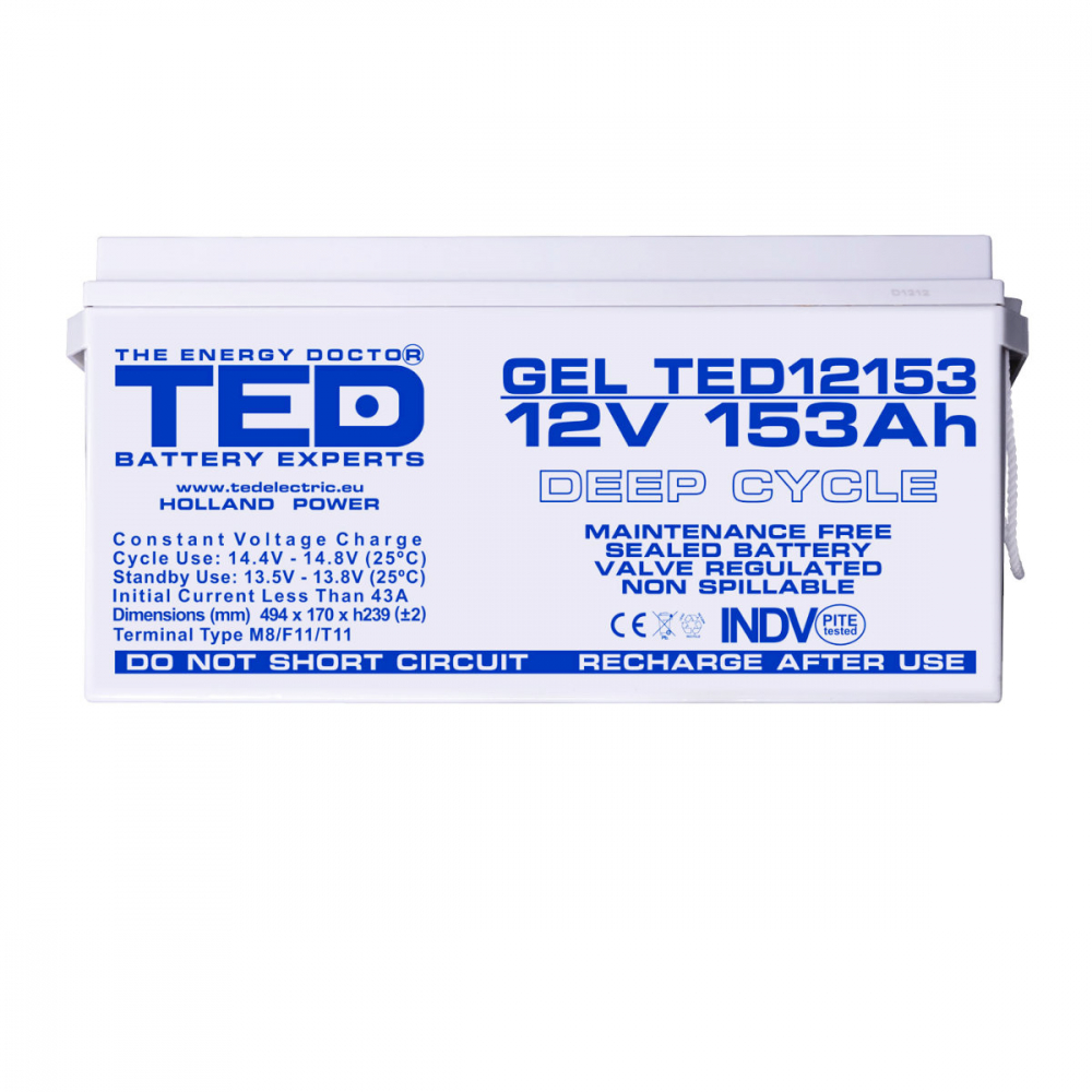 Baterie Reincarcabila M8 12V Stationara VRLA 153Ah GEL, Dimensiuni 483x170x240 mm, TED Electric TED12153, pentru sisteme UPS si backup, echipamente industriale, medicale, telecomunicatii, stocare ener [2]