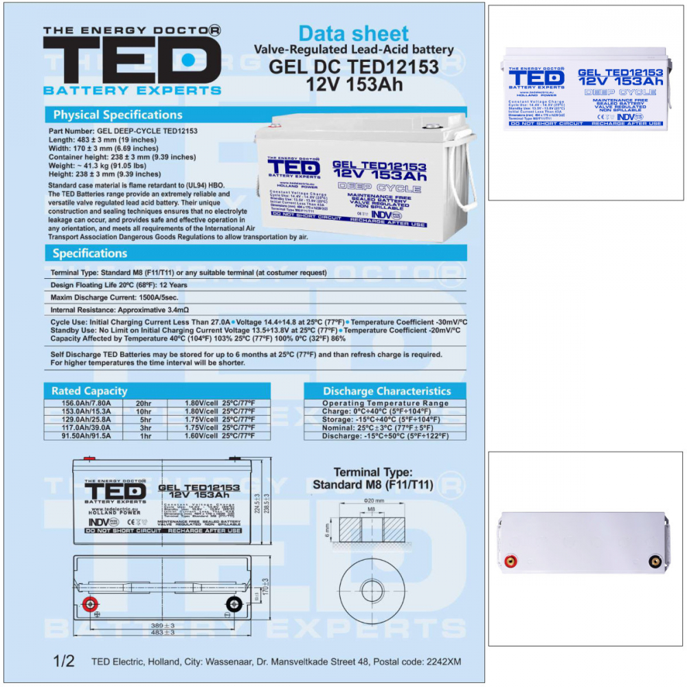 Baterie Reincarcabila M8 12V Stationara VRLA 153Ah GEL, Dimensiuni 483x170x240 mm, TED Electric TED12153, pentru sisteme UPS si backup, echipamente industriale, medicale, telecomunicatii, stocare ener [5]