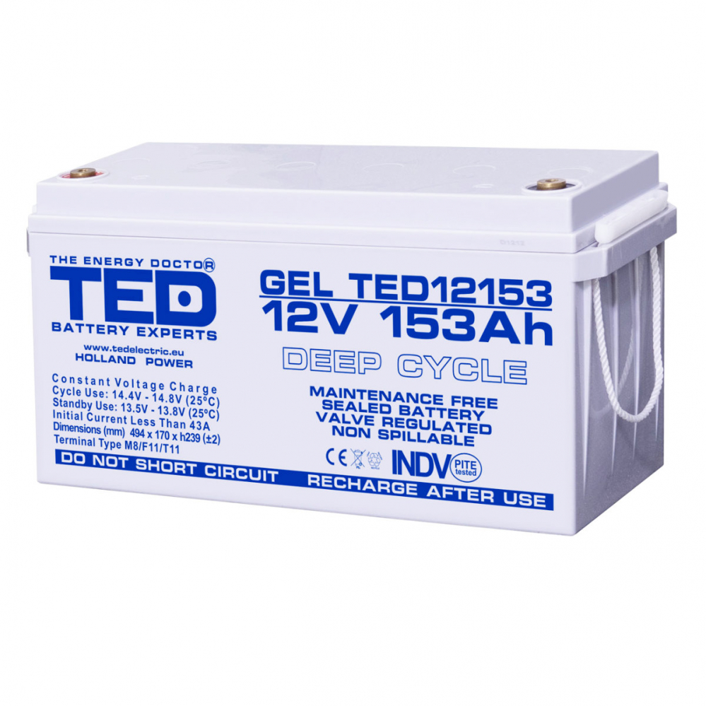 Baterie Reincarcabila M8 12V Stationara VRLA 153Ah GEL, Dimensiuni 483x170x240 mm, TED Electric TED12153, pentru sisteme UPS si backup, echipamente industriale, medicale, telecomunicatii, stocare ener [1]