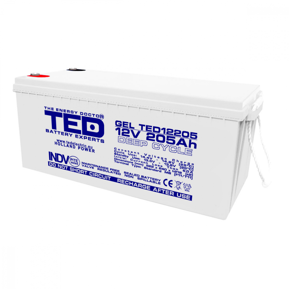 Baterie Reincarcabila M8 12V Stationara VRLA 205Ah GEL, Dimensiuni 525x243x220 mm, TED Electric TED12205, pentru sisteme solare, UPS, backup, echipamente medicale, industriale, telecomunicatii [1]