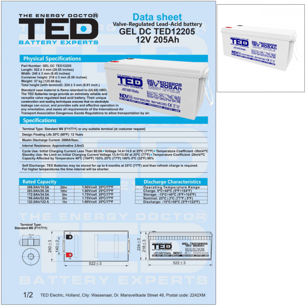 Baterie Reincarcabila M8 12V Stationara VRLA 205Ah GEL, Dimensiuni 525x243x220 mm, TED Electric TED12205, pentru sisteme solare, UPS, backup, echipamente medicale, industriale, telecomunicatii [3]