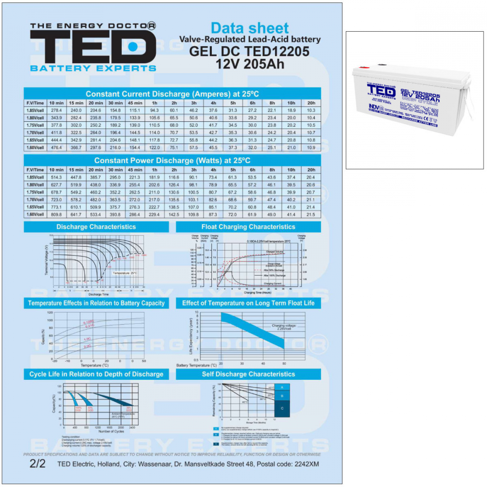 Baterie Reincarcabila M8 12V Stationara VRLA 205Ah GEL, Dimensiuni 525x243x220 mm, TED Electric TED12205, pentru sisteme solare, UPS, backup, echipamente medicale, industriale, telecomunicatii [4]