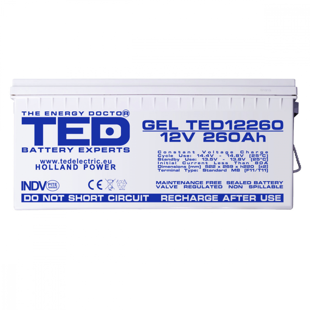 Baterie Reincarcabila M8 12V Stationara VRLA 260Ah GEL, Dimensiuni 520x268x220 mm, TED Electric TED12260, pentru sisteme solare, UPS, backup, echipamente medicale, industriale, telecomunicatii [2]