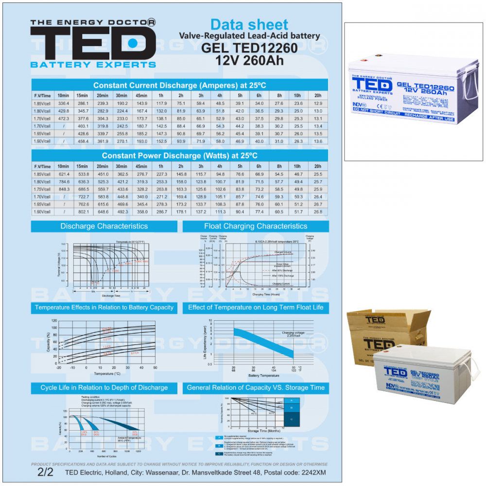 Baterie Reincarcabila M8 12V Stationara VRLA 260Ah GEL, Dimensiuni 520x268x220 mm, TED Electric TED12260, pentru sisteme solare, UPS, backup, echipamente medicale, industriale, telecomunicatii [6]