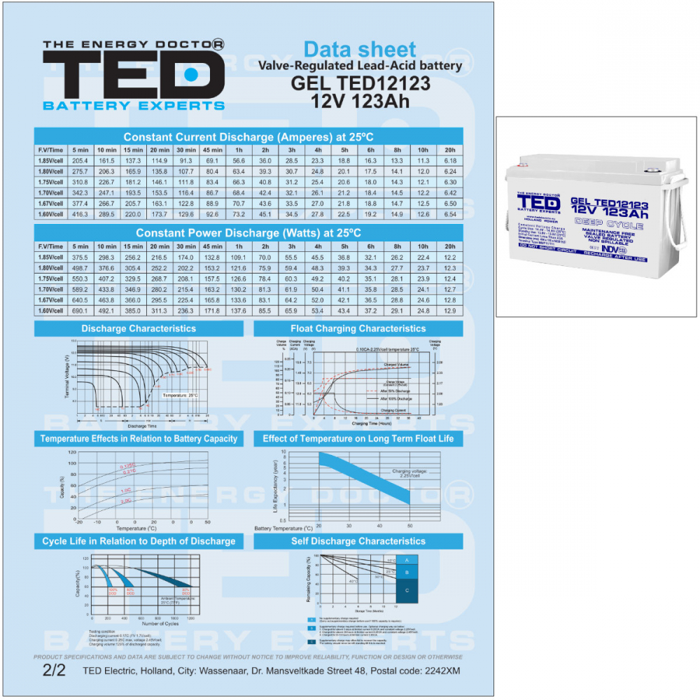 Baterie Reincarcabila M8 12V Stationara VRLA GEL 123Ah Deep Cycle, Dimensiuni 405x173x220 mm, TED Electric TED12123, pentru sisteme solare, UPS, echipamente industriale si medicale [4]