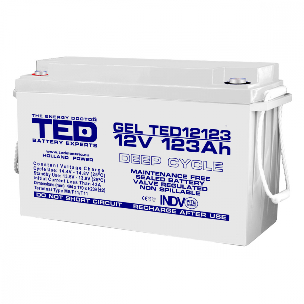 Baterie Reincarcabila M8 12V Stationara VRLA GEL 123Ah Deep Cycle, Dimensiuni 405x173x220 mm, TED Electric TED12123, pentru sisteme solare, UPS, echipamente industriale si medicale [1]