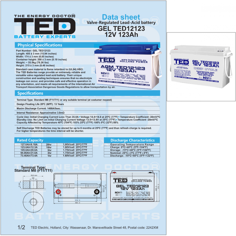 Baterie Reincarcabila M8 12V Stationara VRLA GEL 123Ah Deep Cycle, Dimensiuni 405x173x220 mm, TED Electric TED12123, pentru sisteme solare, UPS, echipamente industriale si medicale [3]