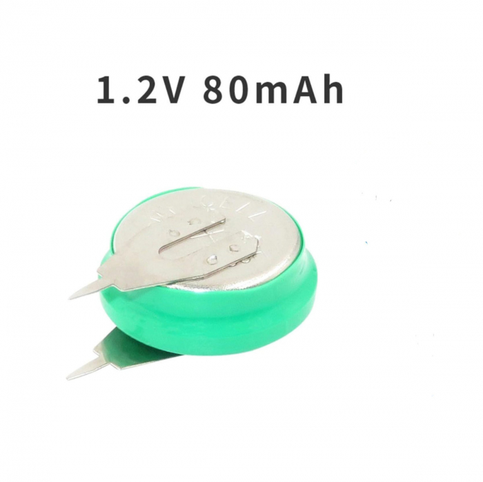 Baterie NiMH, 1.2V, 80mAh, cu 2 pini, 6074, diametru de 15 mm, verde [2]