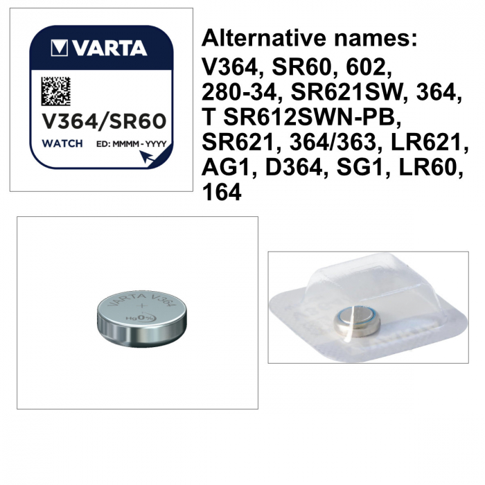 Baterie Varta V364 SR60 AG1 pentru ceasuri, tip buton, 1.55V, 22 mAh, Sistem Oxid de Argint [5]