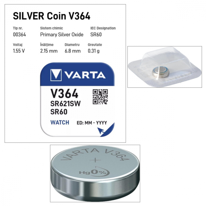 Baterie Varta V364 SR60 AG1 pentru ceasuri, tip buton, 1.55V, 22 mAh, Sistem Oxid de Argint [4]