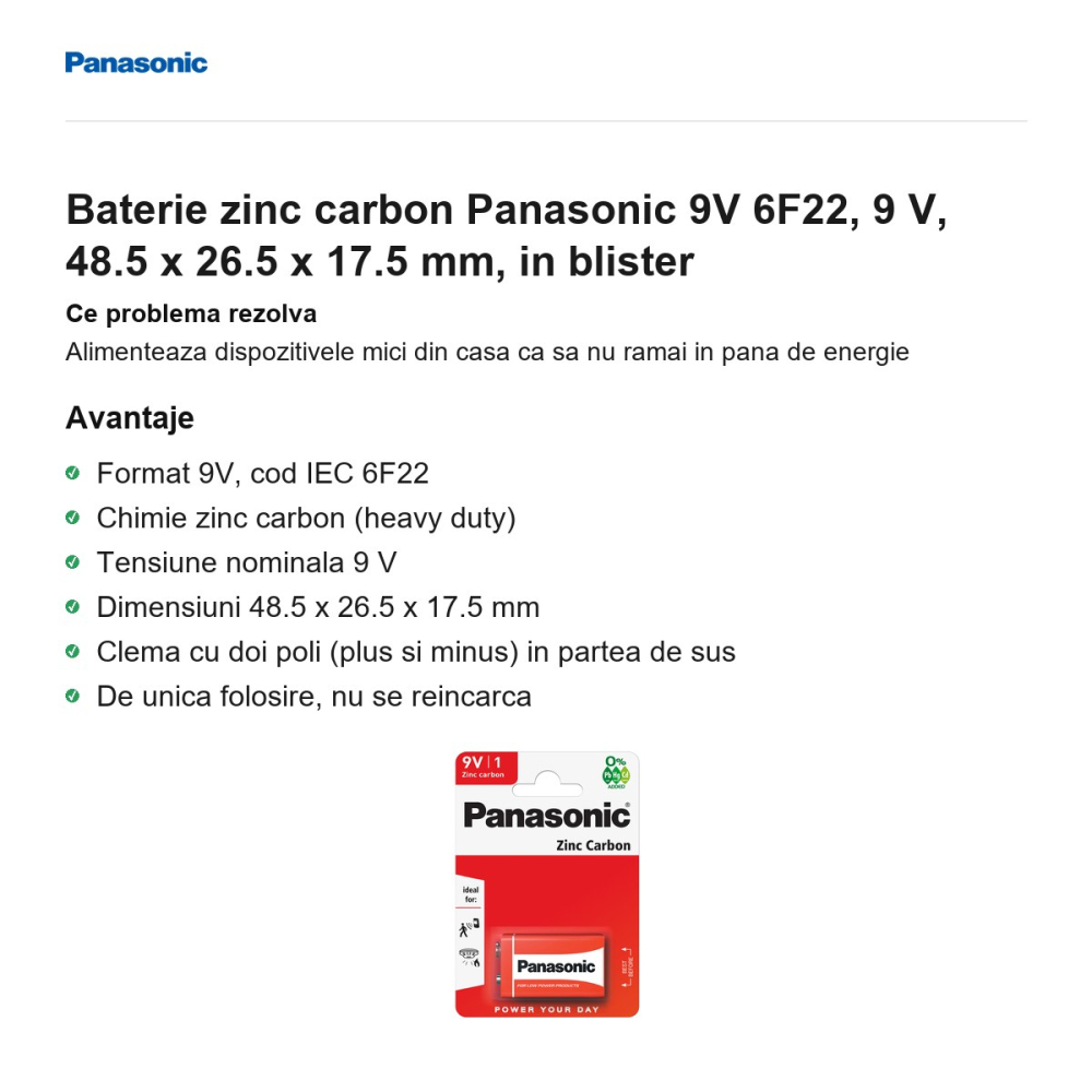 Baterie zinc carbon Panasonic 9V 6F22, 9 V, 48.5 x 26.5 x 17.5 mm, in blister [2]