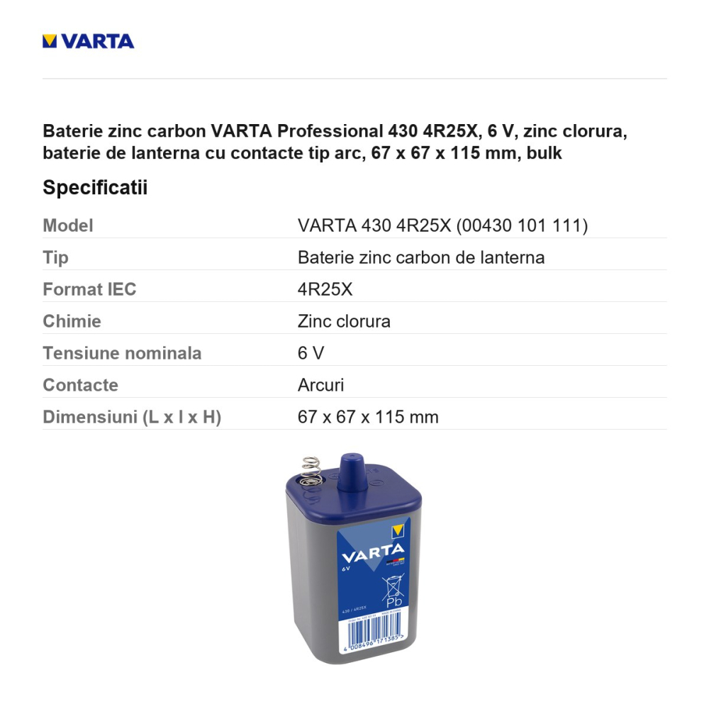 Baterie zinc carbon VARTA Professional 430 4R25X, 6 V, zinc clorura, baterie de lanterna cu contacte tip arc, 67 x 67 x 115 mm, bulk [3]