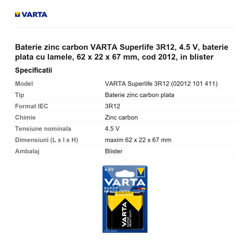 Baterie zinc carbon VARTA Superlife 3R12, 4.5 V, baterie plata cu lamele, 62 x 22 x 67 mm, cod 2012, in blister [3]