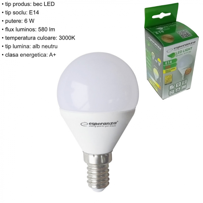 Bec LED clasic E14 G45, Esperanza ELL152, 6W, 3000K, 580lm, 220V, clasa energetica A+, lumina alba naturala [5]