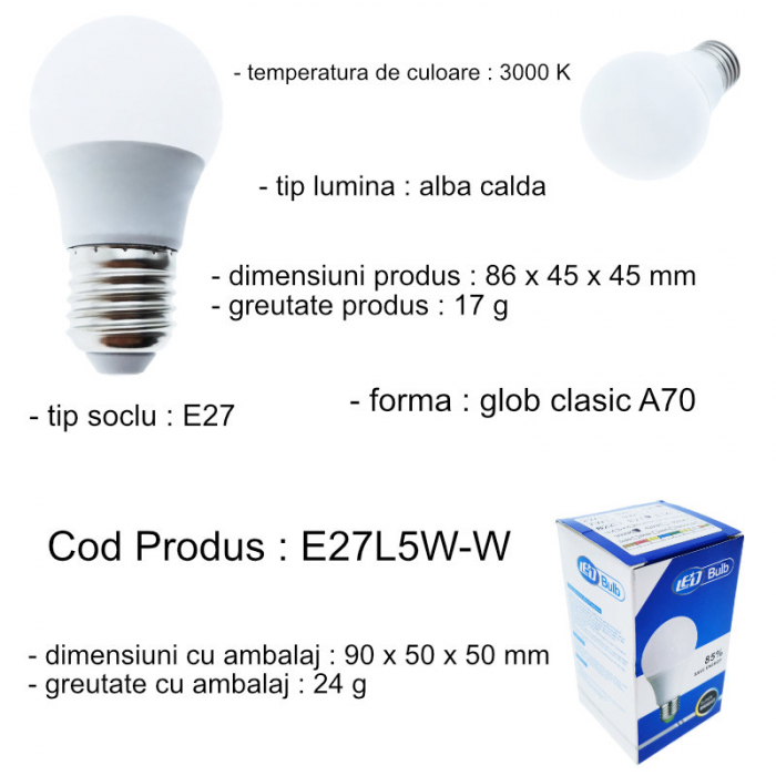 Bec LED clasic E27, 5W, 3000K, 400 lm, lumina calda [5]