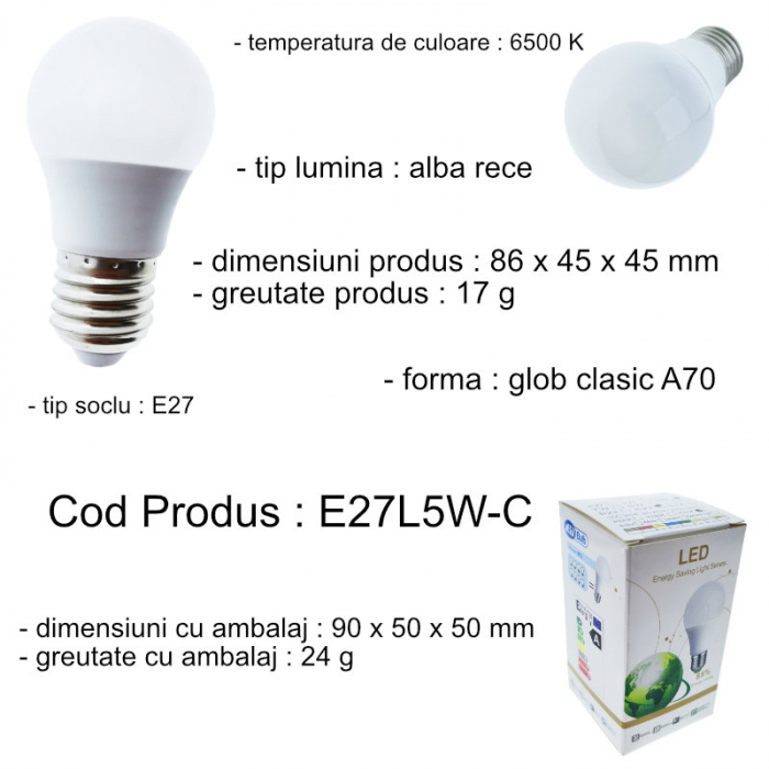 Bec LED clasic E27, 5W, 6500K, 400 lm, lumina rece [5]