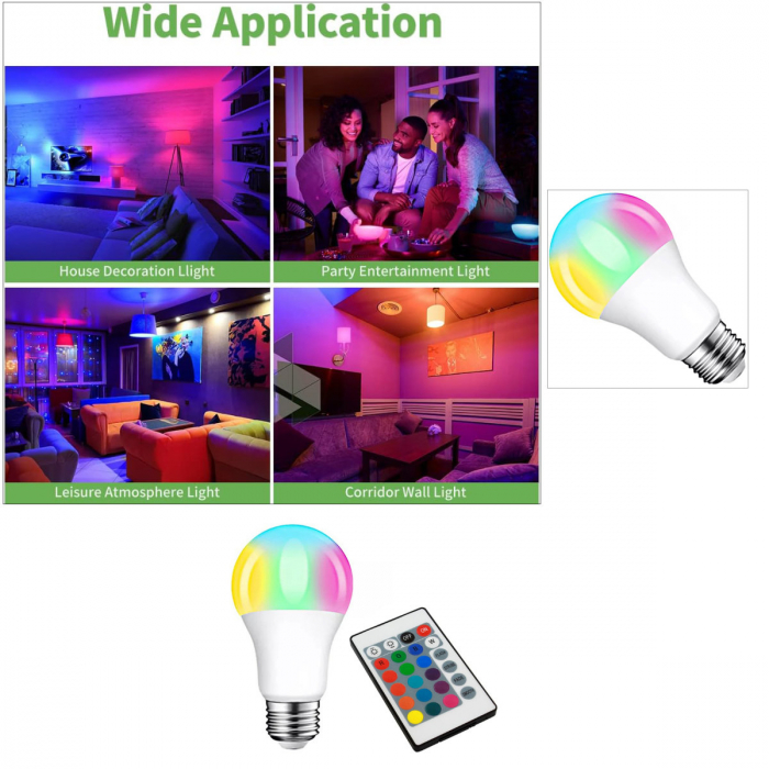 Bec LED colorat, E27 A70, 9W, RGB si alb cald 2700K, cu telecomanda [4]