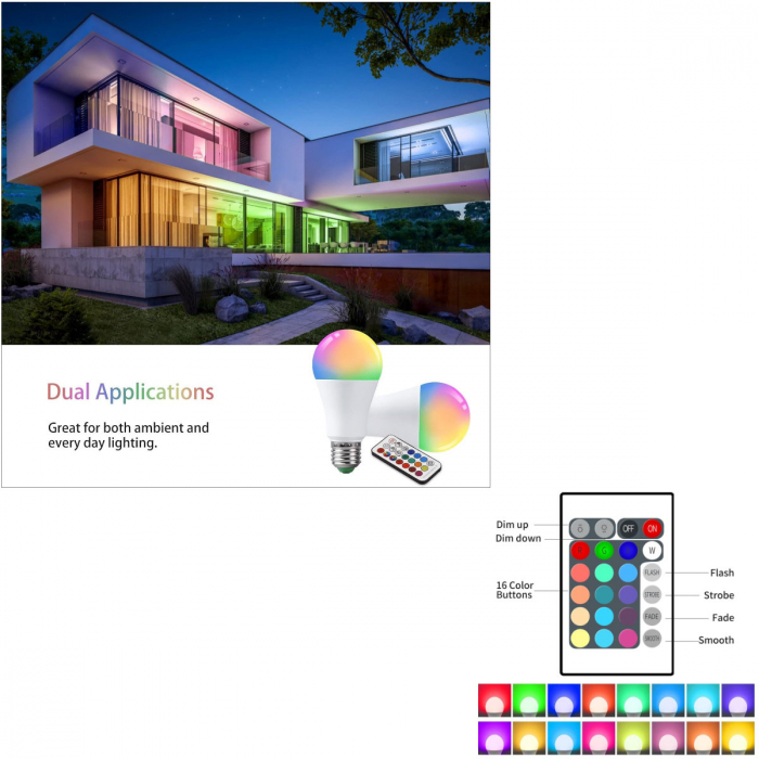Bec LED colorat, E27 A70, 9W, RGB si alb cald 2700K, cu telecomanda [5]