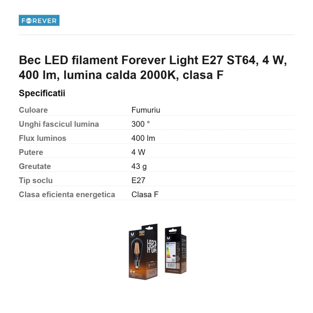 Bec LED filament Forever Light E27 ST64, 4 W, 400 lm, lumina calda 2000K, clasa F [3]
