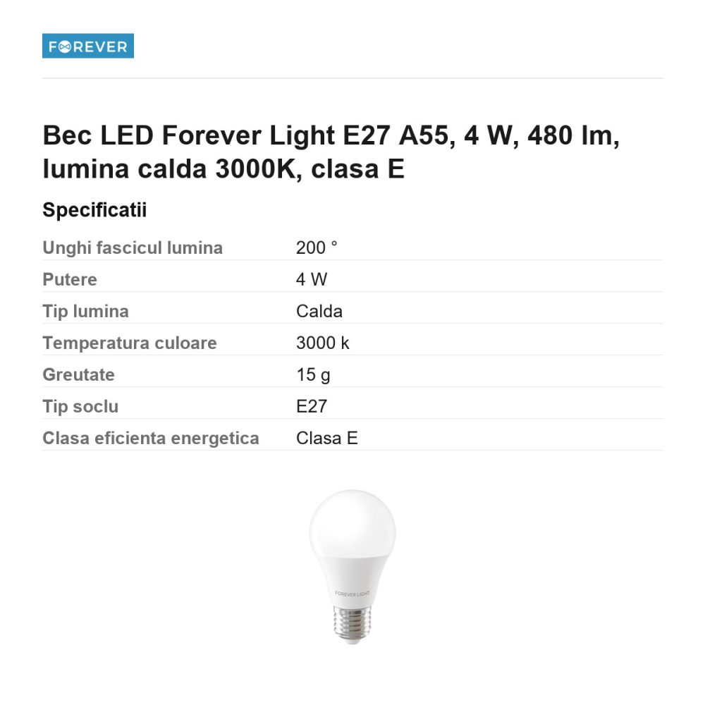 Bec LED Forever Light E27 A55, 4 W, 480 lm, lumina calda 3000K, clasa E [3]