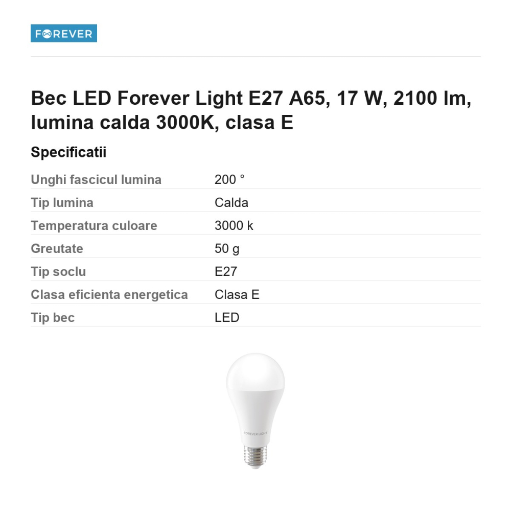 Bec LED Forever Light E27 A65, 17 W, 2100 lm, lumina calda 3000K, clasa E [3]