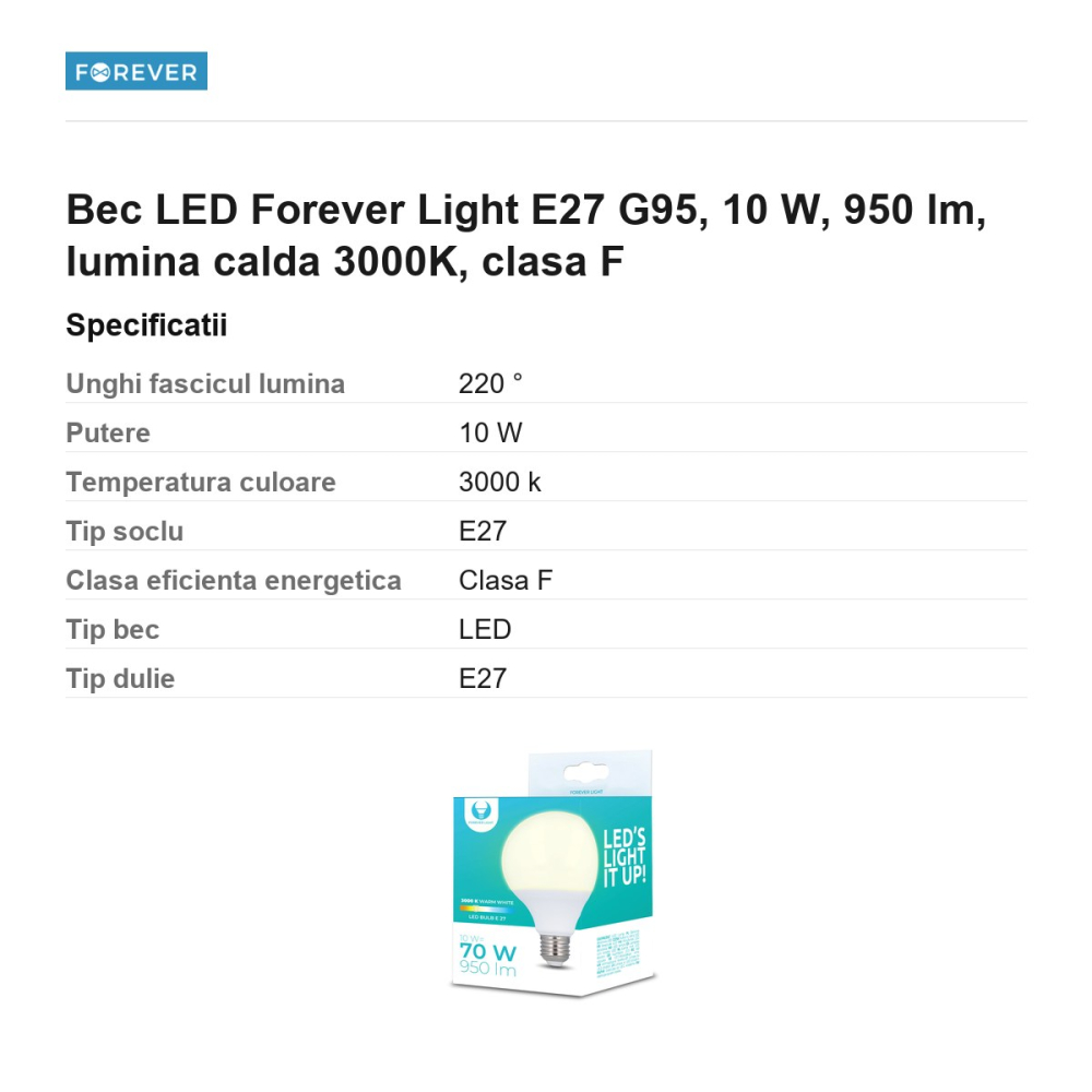 Bec LED Forever Light E27 G95, 10 W, 950 lm, lumina calda 3000K, clasa F [3]