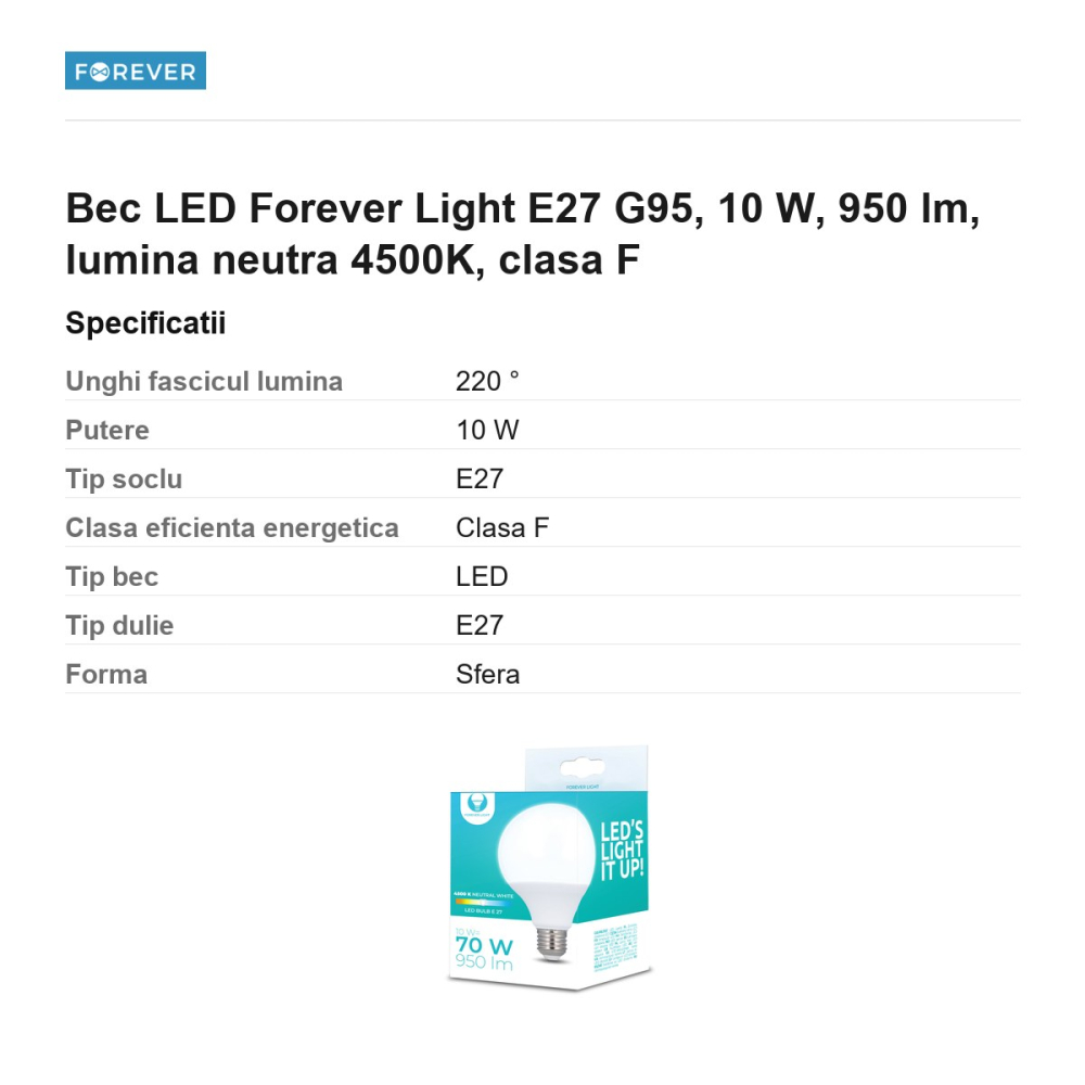 Bec LED Forever Light E27 G95, 10 W, 950 lm, lumina neutra 4500K, clasa F [3]