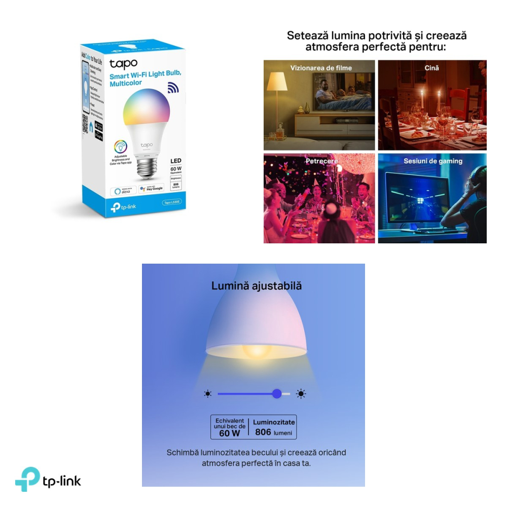 Bec LED smart Wi-Fi multicolor TP-Link Tapo L530E, E27, 806 lm, 16 milioane de culori, alb reglabil 2500-6500 K, intensitate reglabila, fara hub [4]