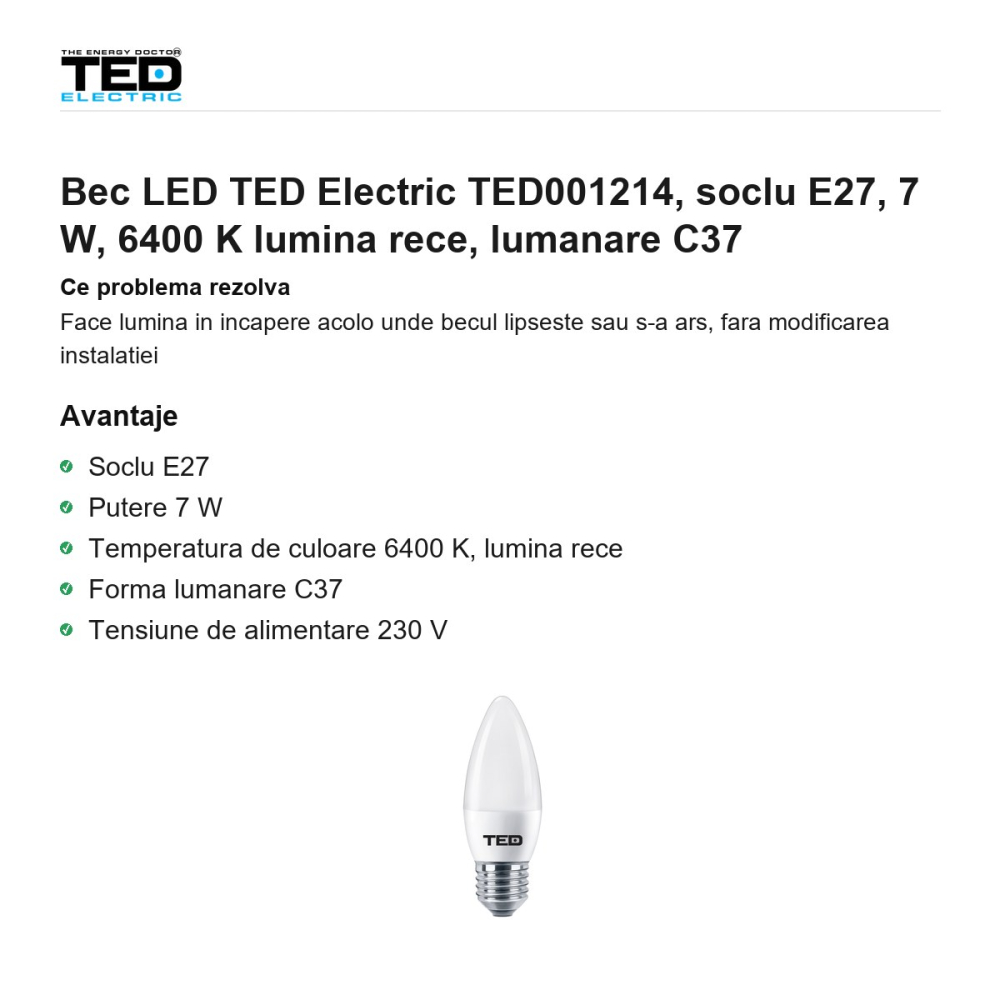 Bec LED TED Electric TED001214, soclu E27, 7 W, 6400 K lumina rece, lumanare C37 [2]