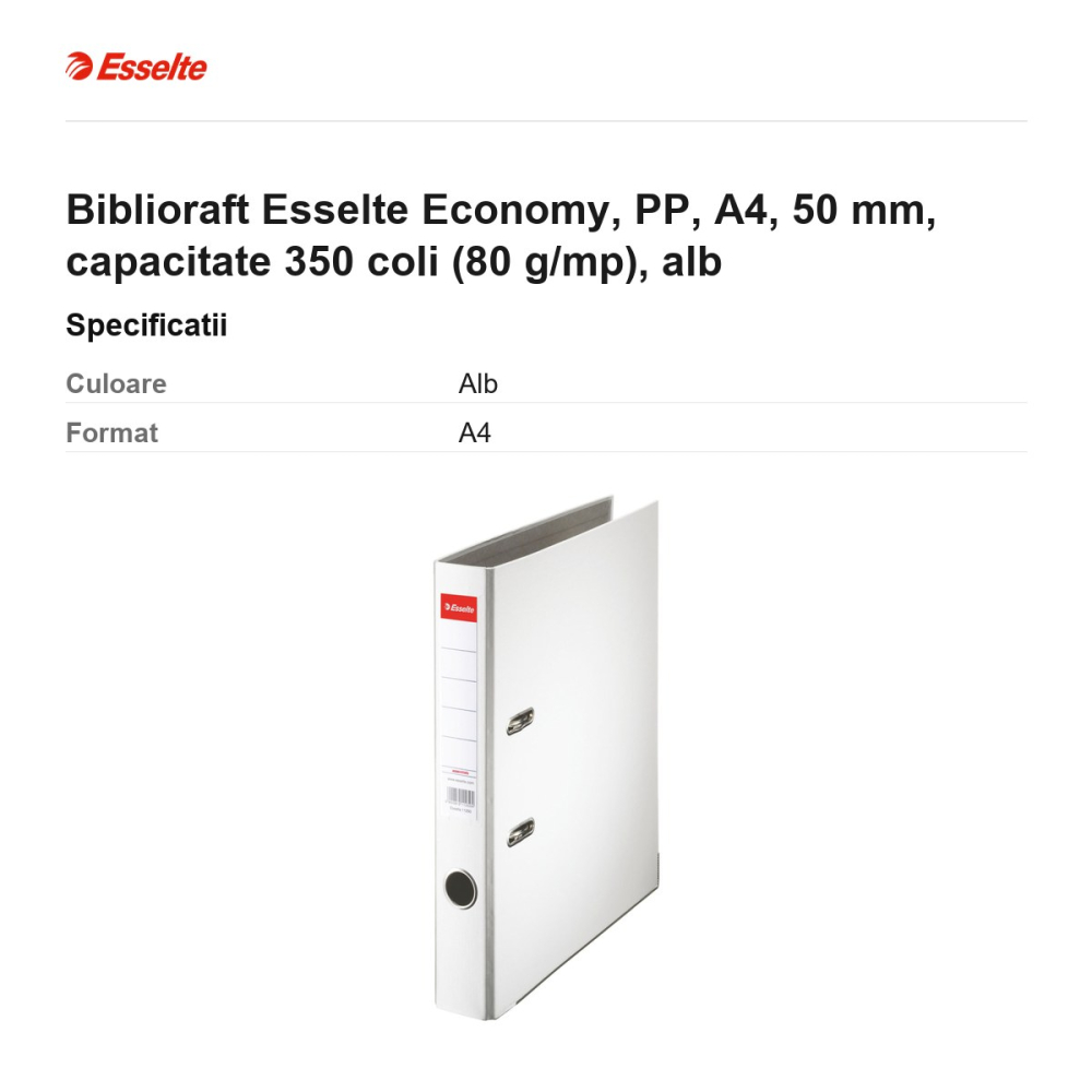 Biblioraft Esselte Economy, PP, A4, 50 mm, capacitate 350 coli (80 g/mp), alb [3]