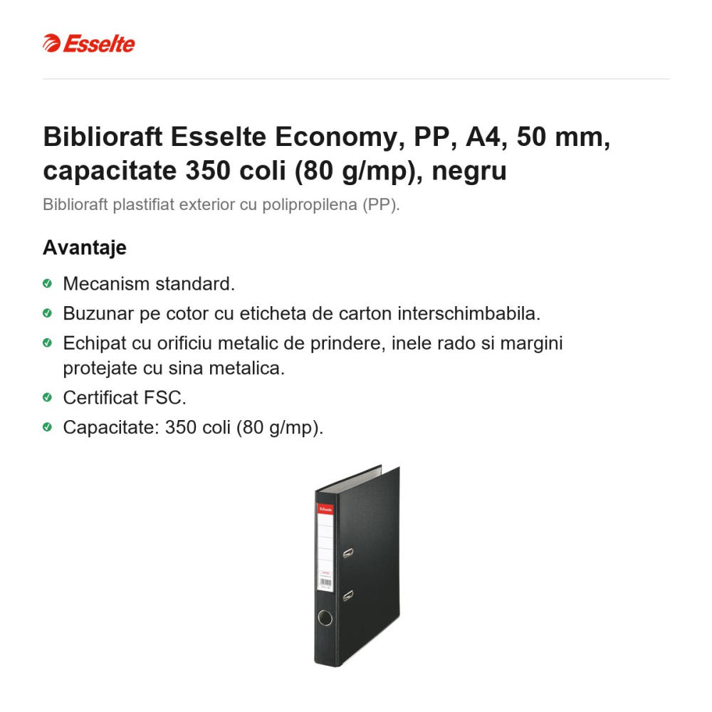 Biblioraft Esselte Economy, PP, A4, 50 mm, capacitate 350 coli (80 g/mp), negru [2]