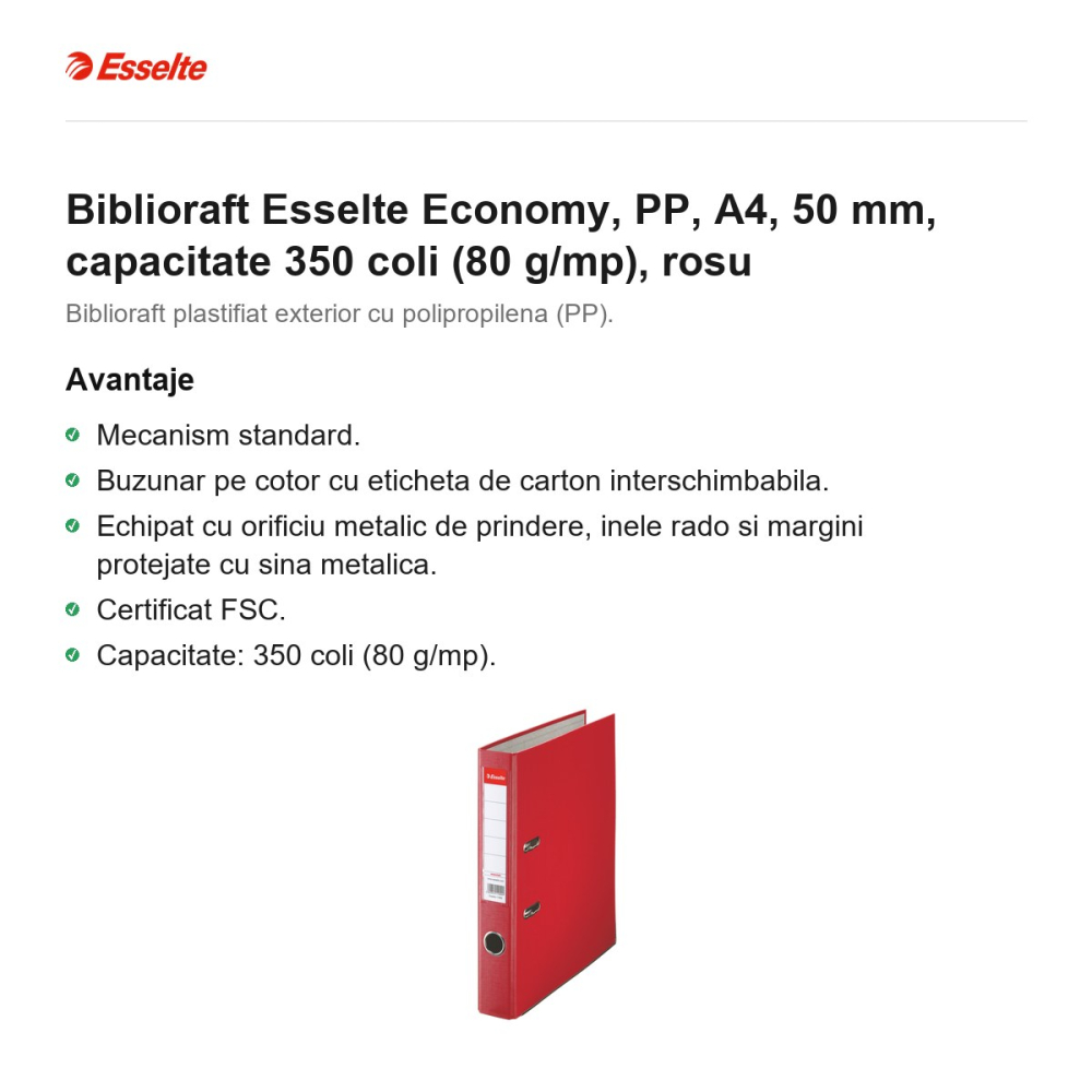 Biblioraft Esselte Economy, PP, A4, 50 mm, capacitate 350 coli (80 g/mp), rosu [2]