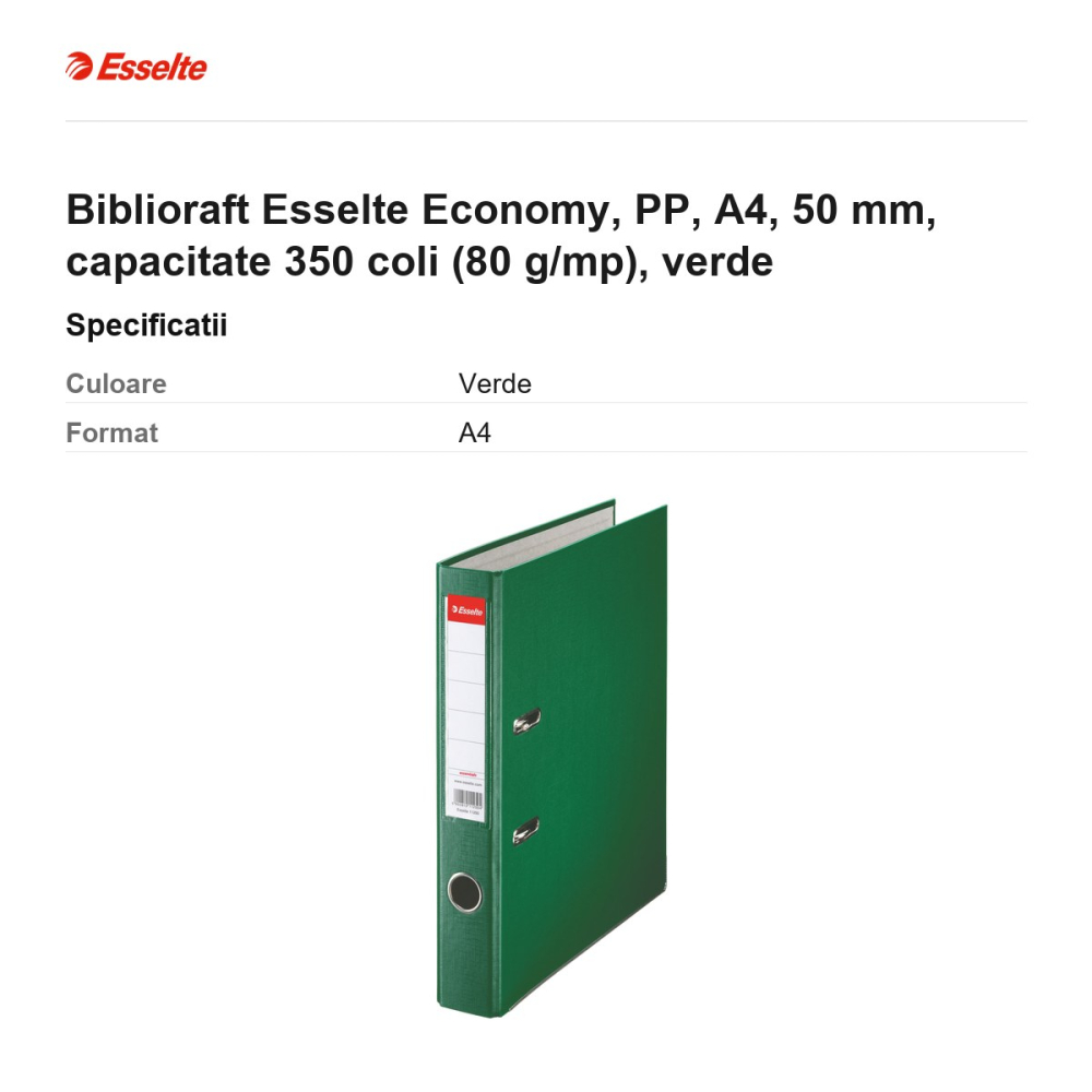 Biblioraft Esselte Economy, PP, A4, 50 mm, capacitate 350 coli (80 g/mp), verde [3]