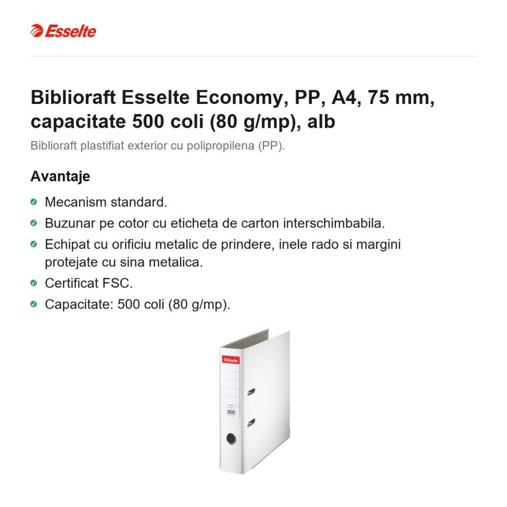 Biblioraft Esselte Economy, PP, A4, 75 mm, capacitate 500 coli (80 g/mp), alb [2]