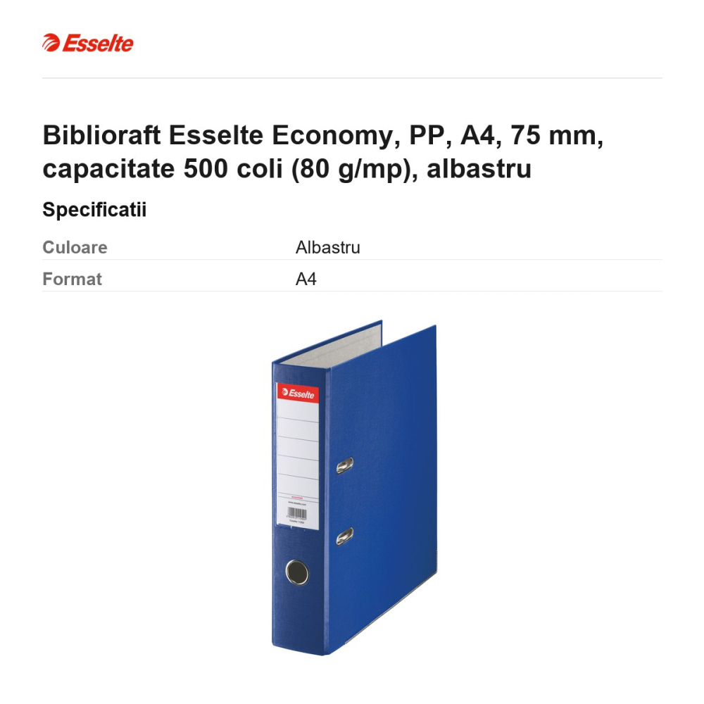 Biblioraft Esselte Economy, PP, A4, 75 mm, capacitate 500 coli (80 g/mp), albastru [3]