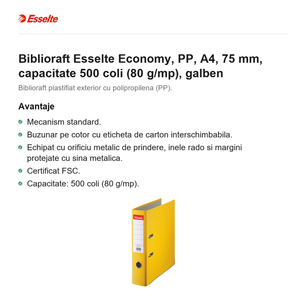 Biblioraft Esselte Economy, PP, A4, 75 mm, capacitate 500 coli (80 g/mp), galben [2]