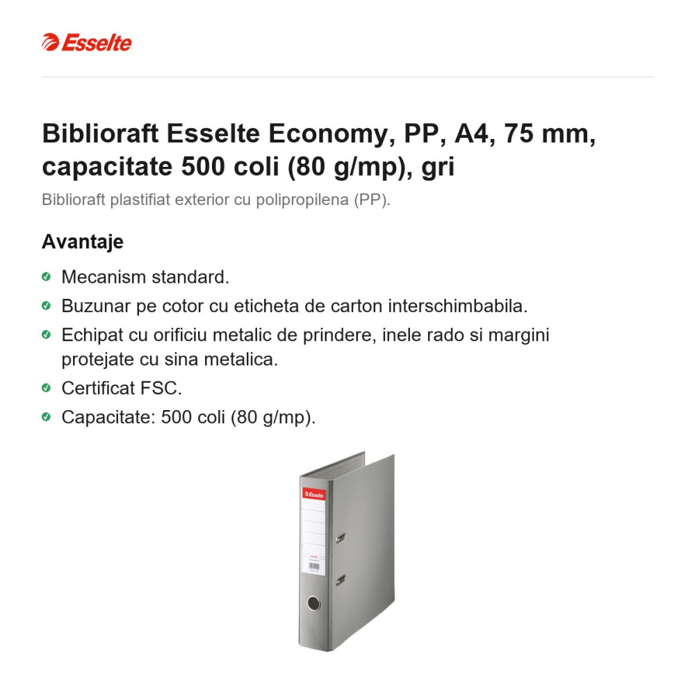 Biblioraft Esselte Economy, PP, A4, 75 mm, capacitate 500 coli (80 g/mp), gri [2]