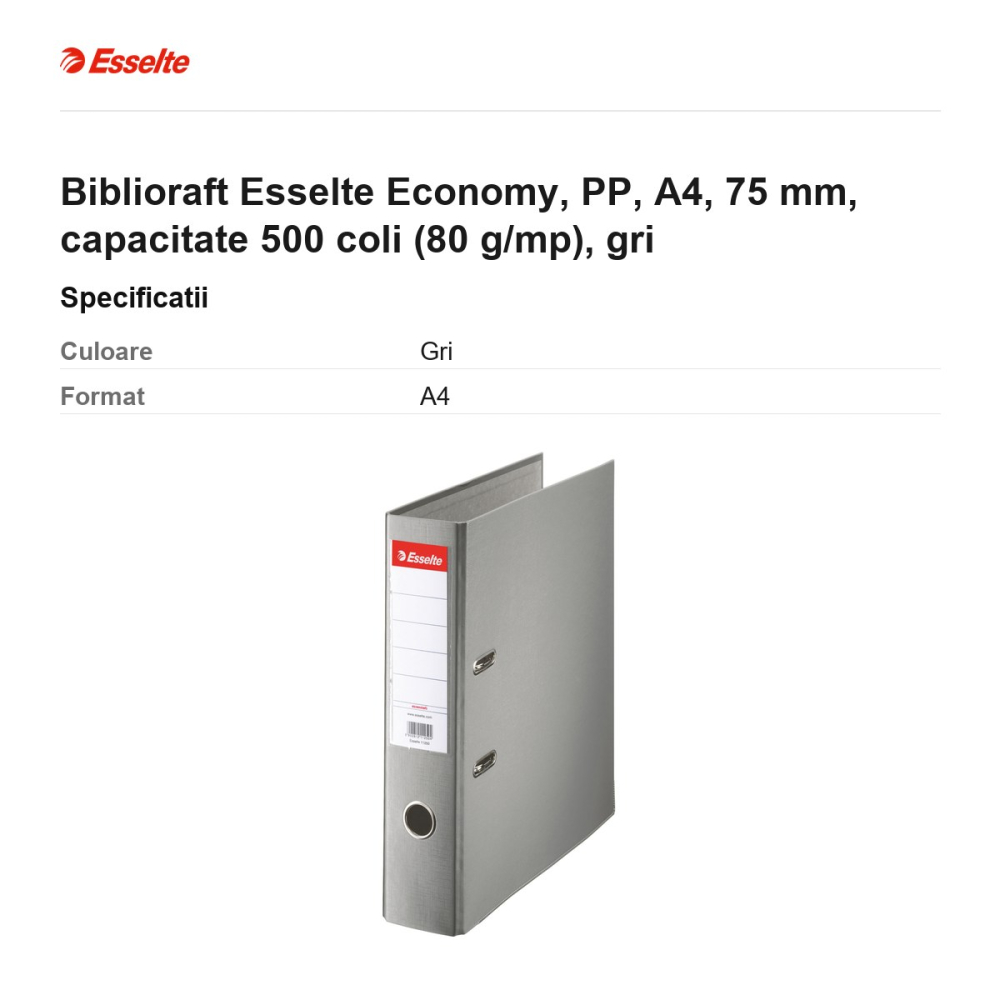 Biblioraft Esselte Economy, PP, A4, 75 mm, capacitate 500 coli (80 g/mp), gri [3]