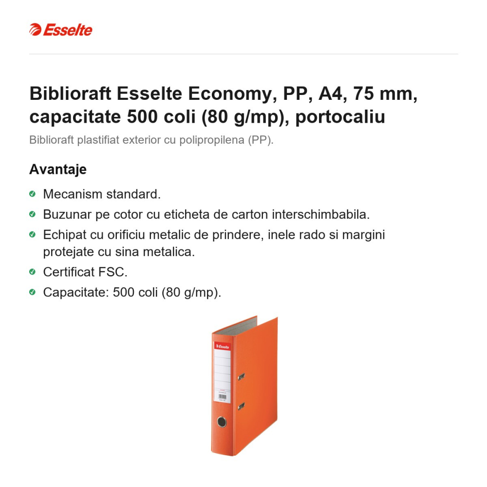 Biblioraft Esselte Economy, PP, A4, 75 mm, capacitate 500 coli (80 g/mp), portocaliu [2]