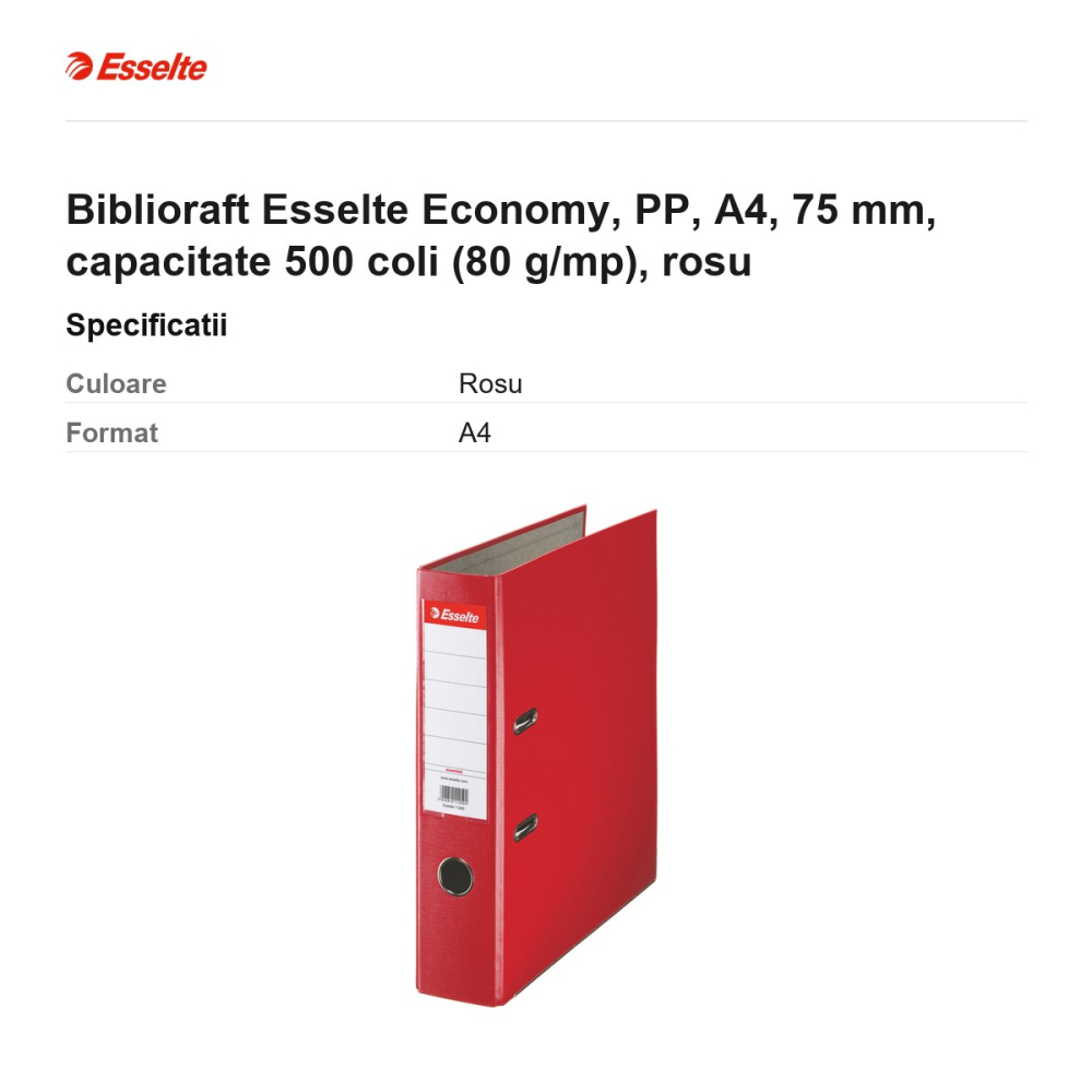 Biblioraft Esselte Economy, PP, A4, 75 mm, capacitate 500 coli (80 g/mp), rosu [3]